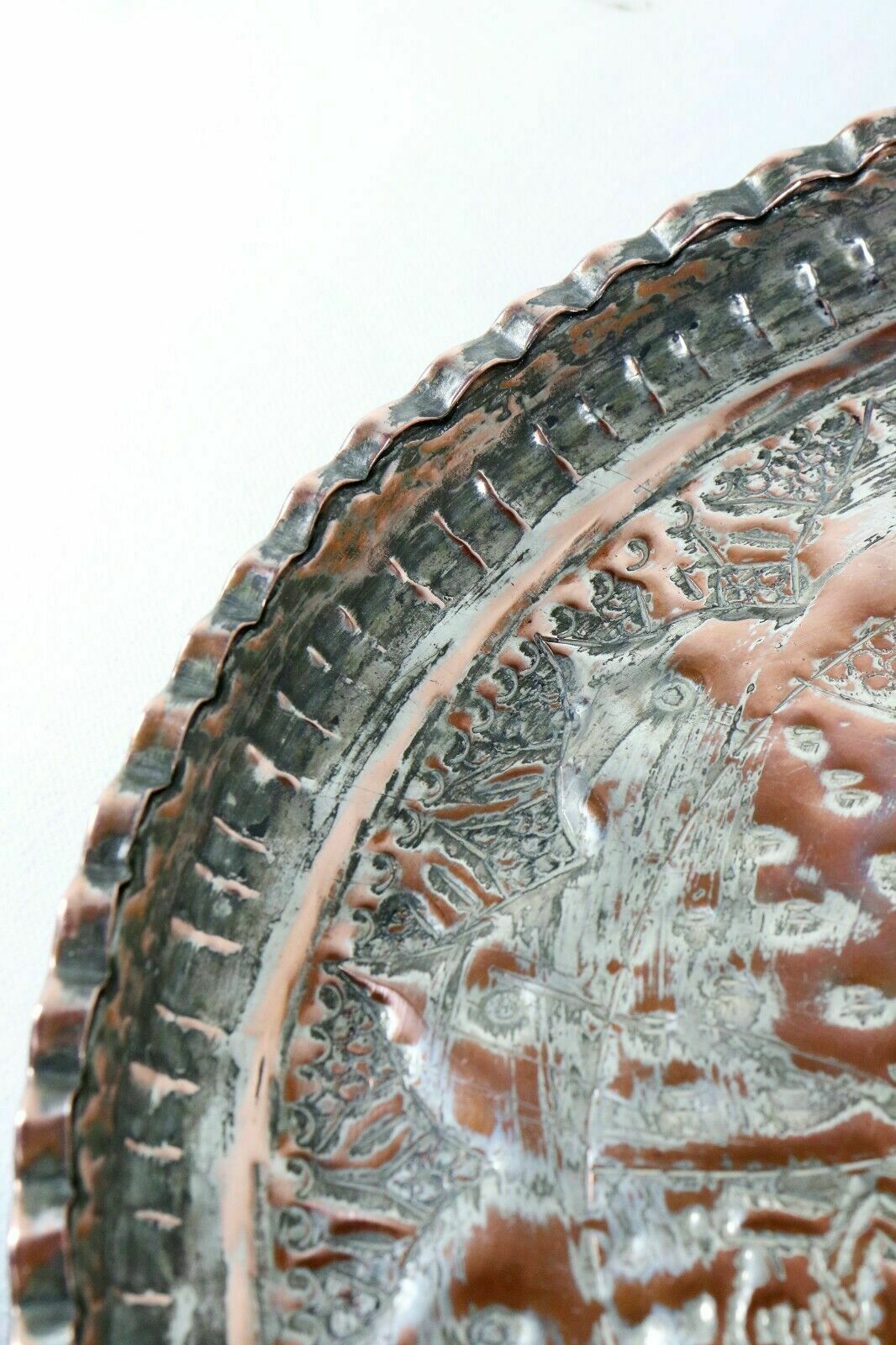 photo furniture Antique Copper Tray Indian Hindu Wall Hanging Chased Figural Ethnic Decoration