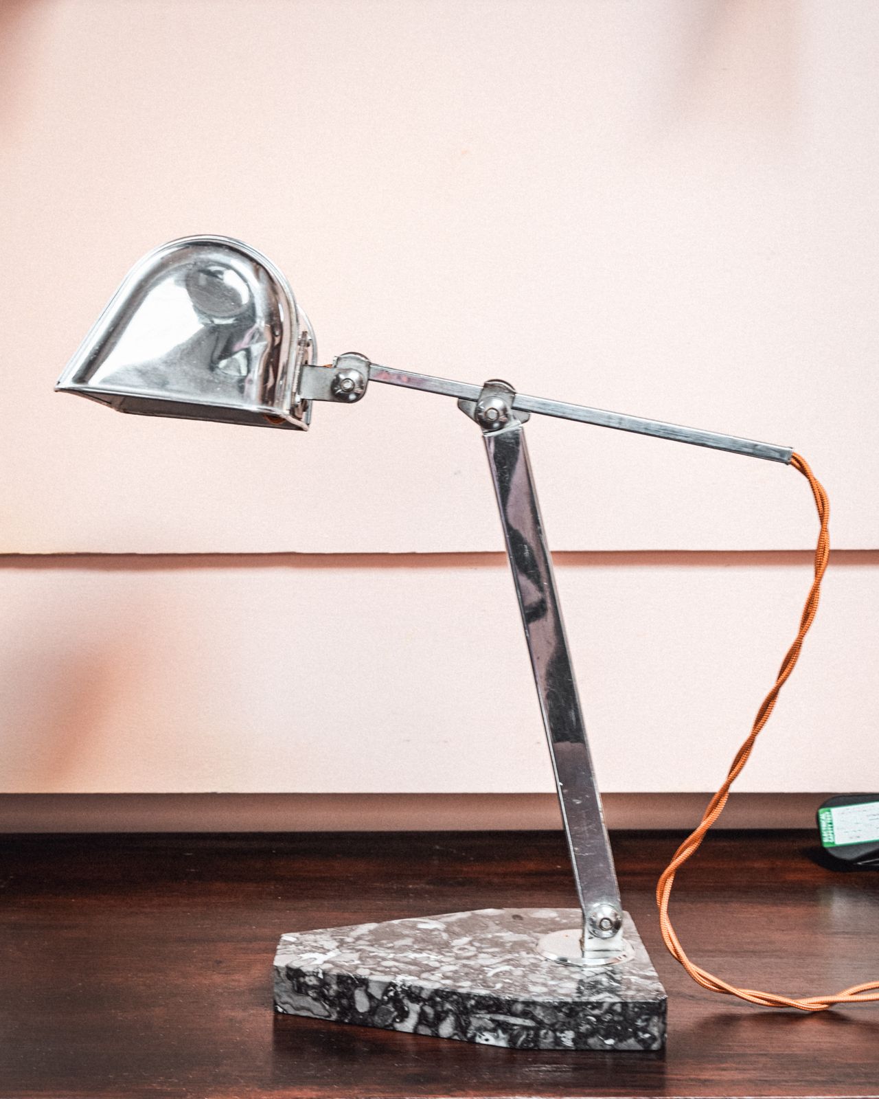 Chrome And Black Fossil Marble Base Art Deco Desk Lamp    Artisanat Francais