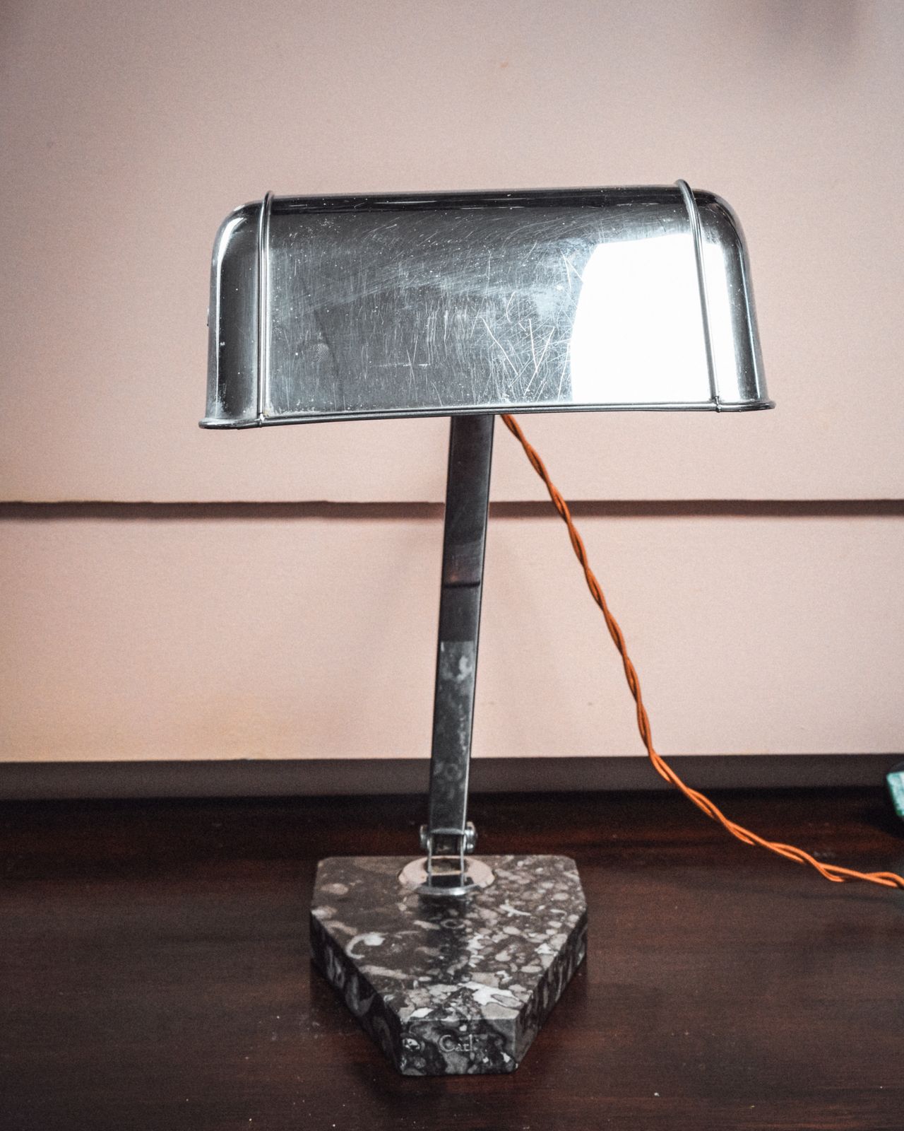 photo furniture Chrome And Black Fossil Marble Base Art Deco Desk Lamp    Artisanat Francais