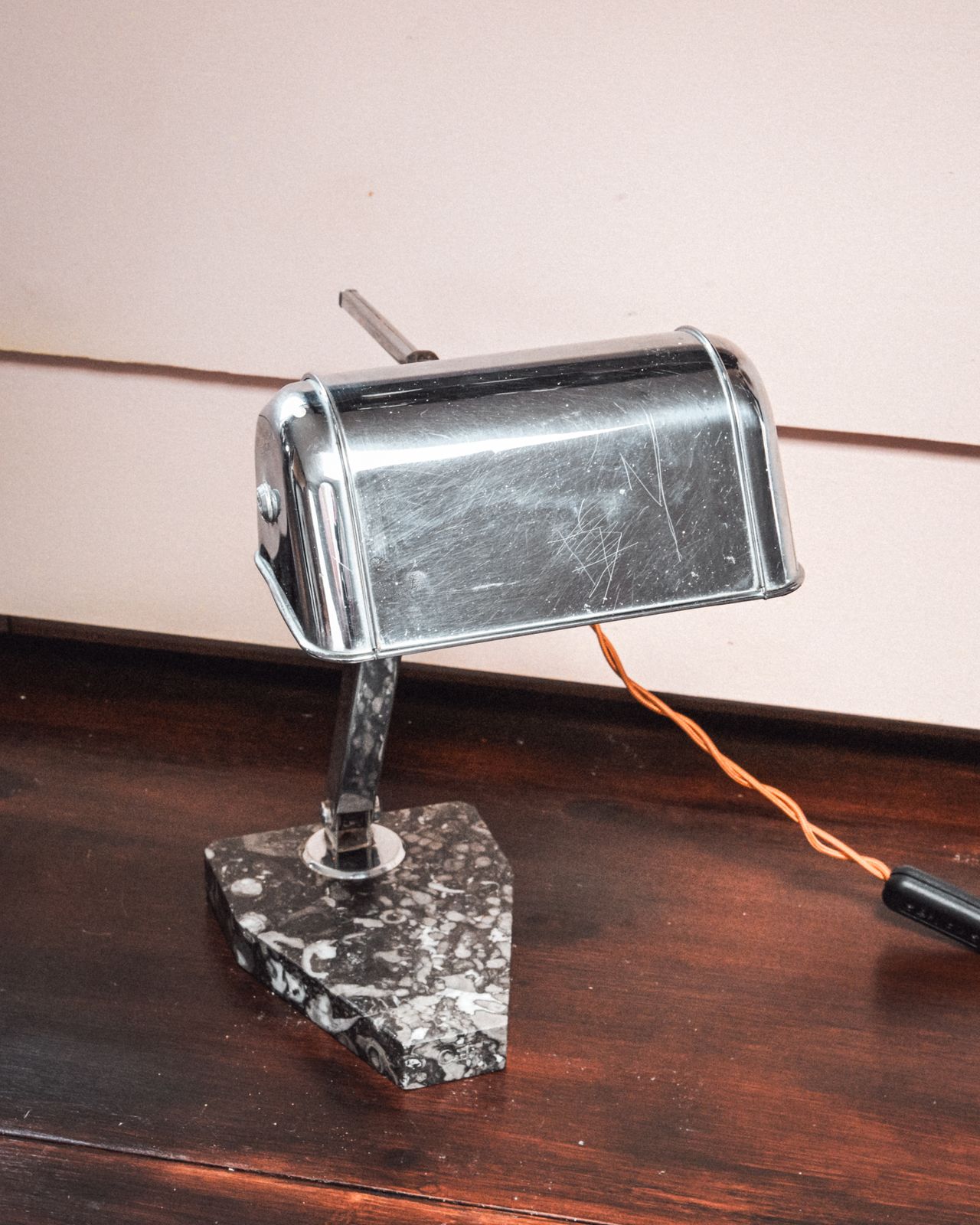 photo for sale Chrome And Black Fossil Marble Base Art Deco Desk Lamp    Artisanat Francais