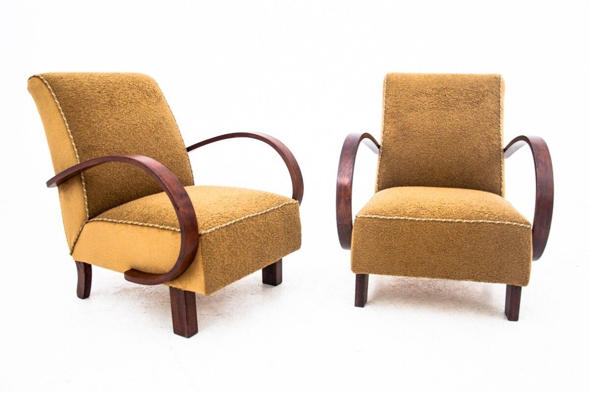 photo vintage Yellow Boucle Armchairs By J. Halabala, Czechoslovakia, 1930s