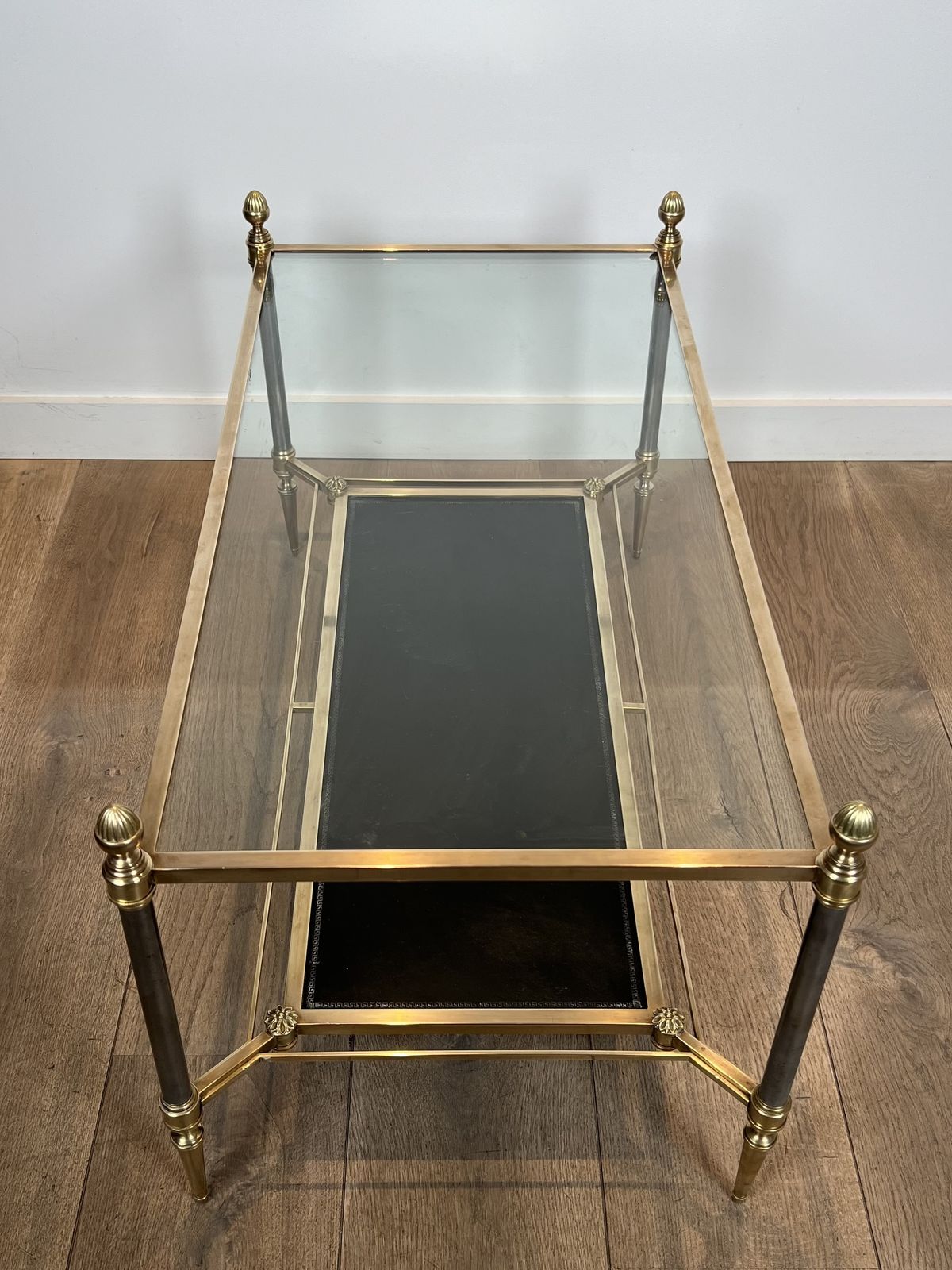 Brass Coffee Table With Black Leather Top And Gold Trim From Maison Jansen photo vinterior