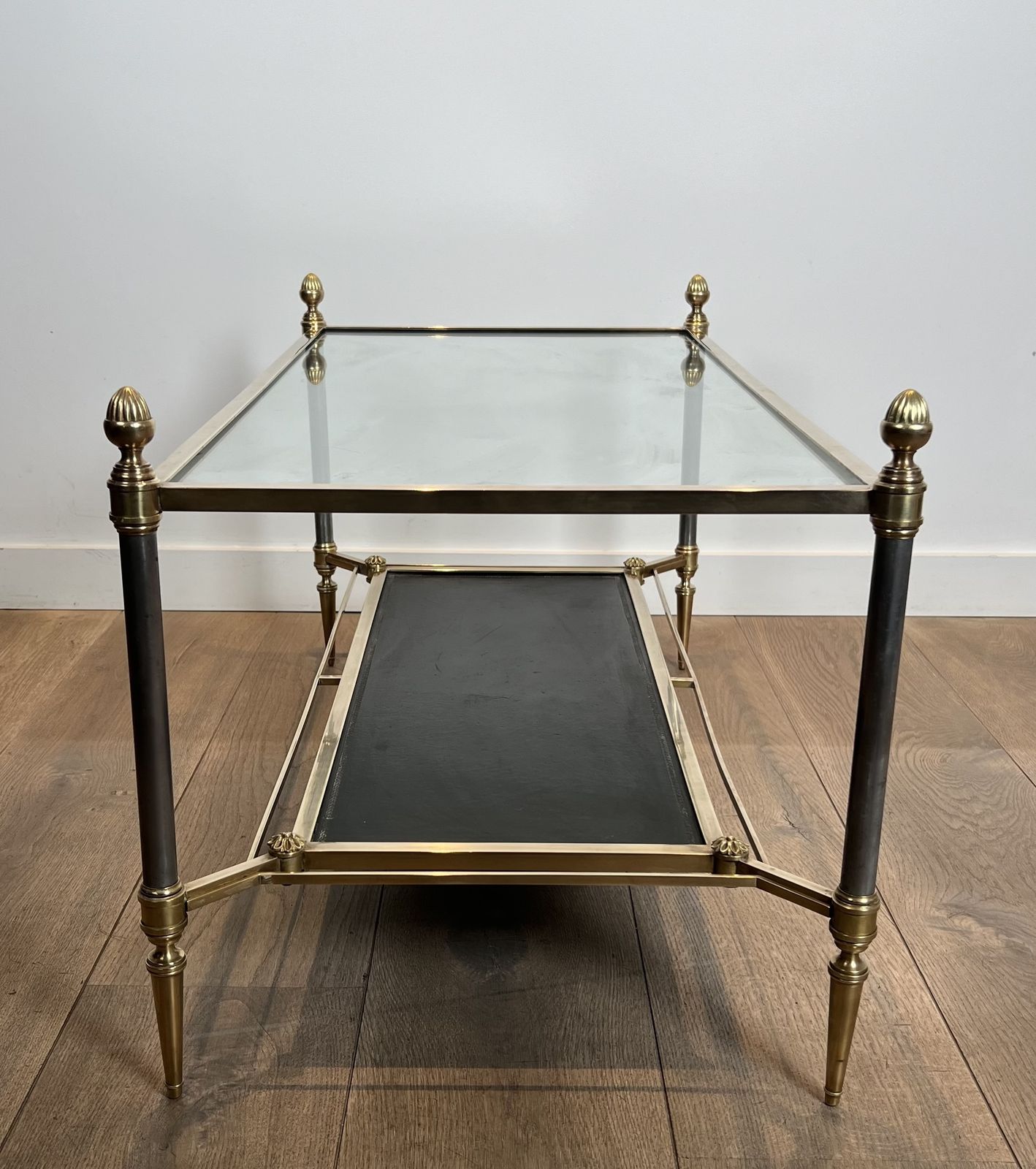 Brass Coffee Table With Black Leather Top And Gold Trim From Maison Jansen photo vintage