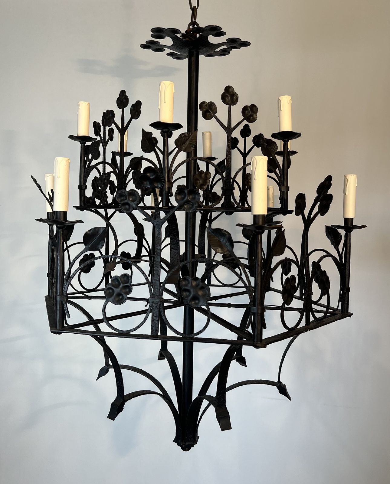 Large 12 Light Wrought Iron Chandelier With Clover And Foliage Decorations photo for sale