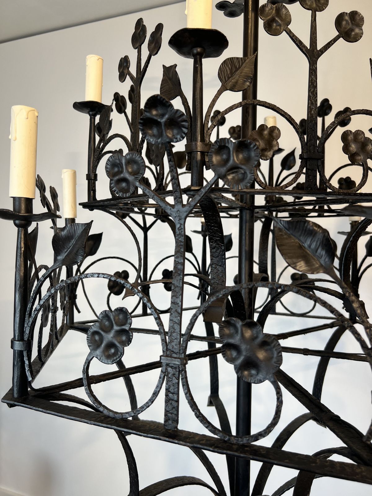 Large 12 Light Wrought Iron Chandelier With Clover And Foliage Decorations photo vintage