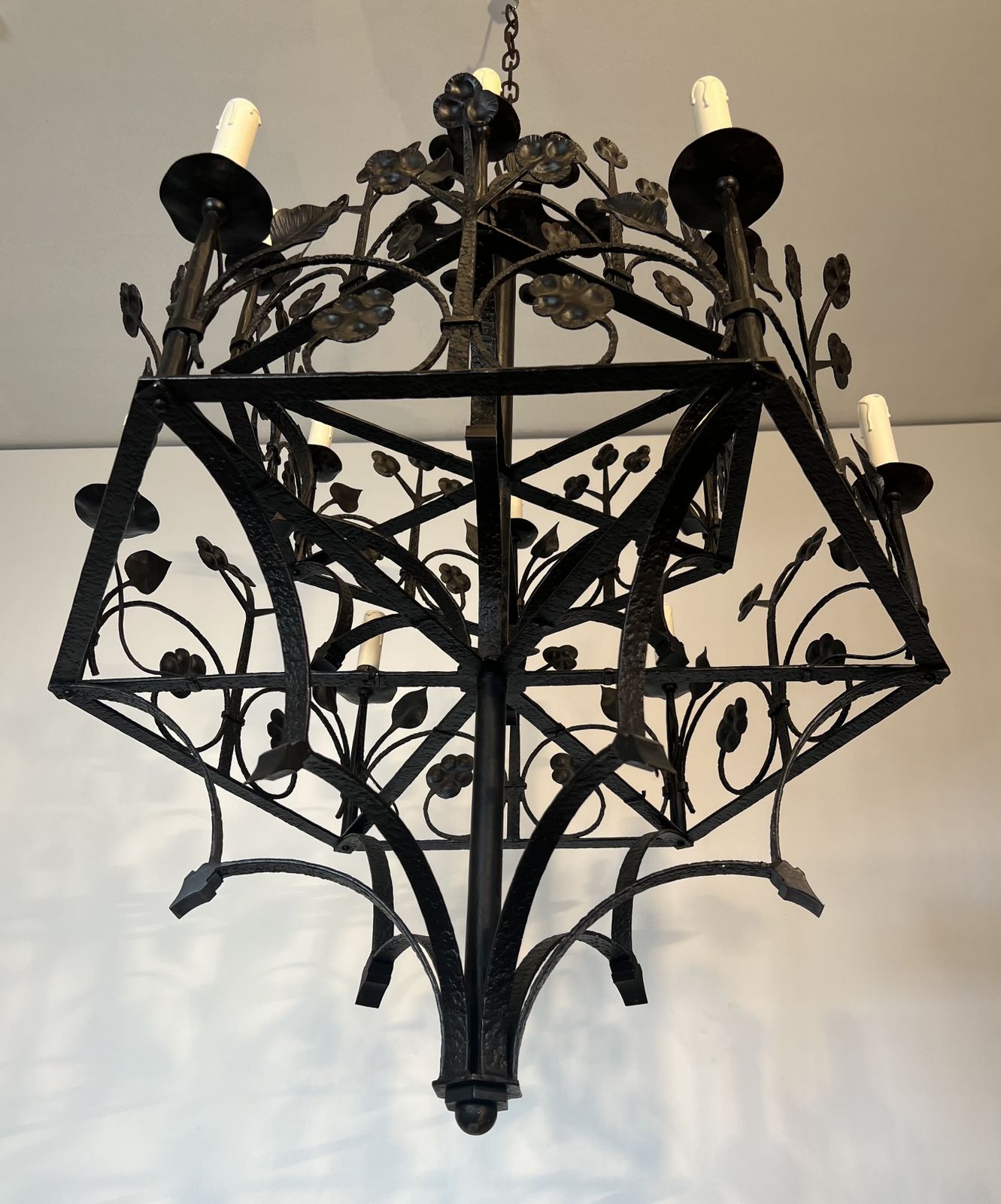 photo for sale Large 12 Light Wrought Iron Chandelier With Clover And Foliage Decorations