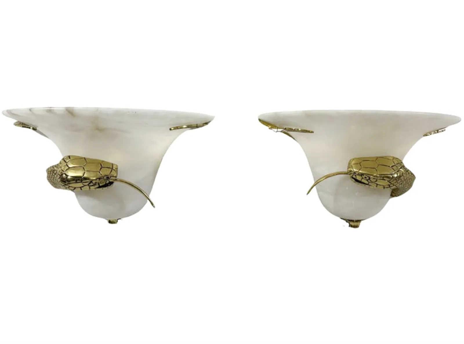 Mid Century Pair Of Snake Wall Lights, Brass And Alabaster, Italy, 1970s photo buy