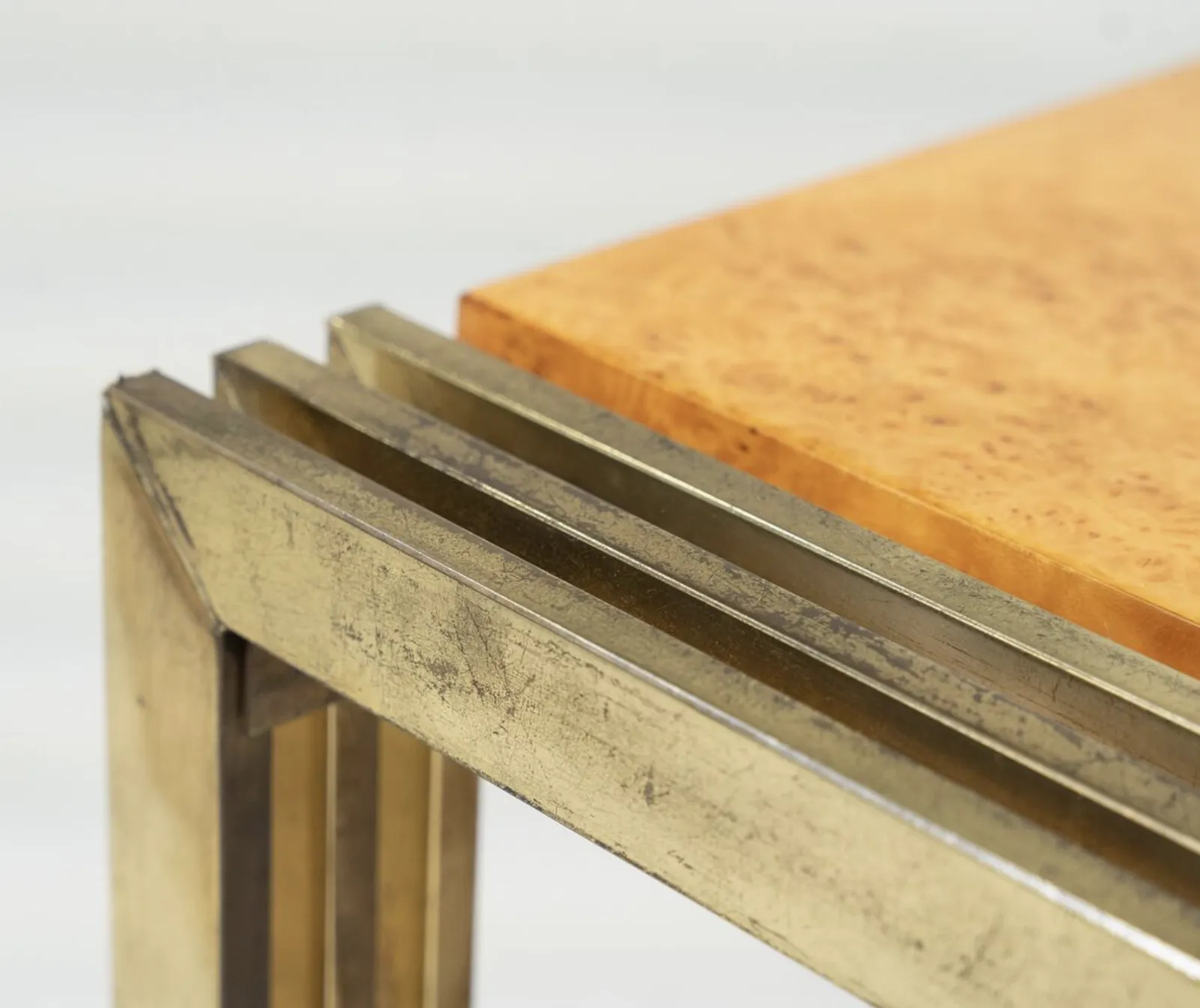 Mid Century Burl Wood And Brass Coffee Table photo furniture