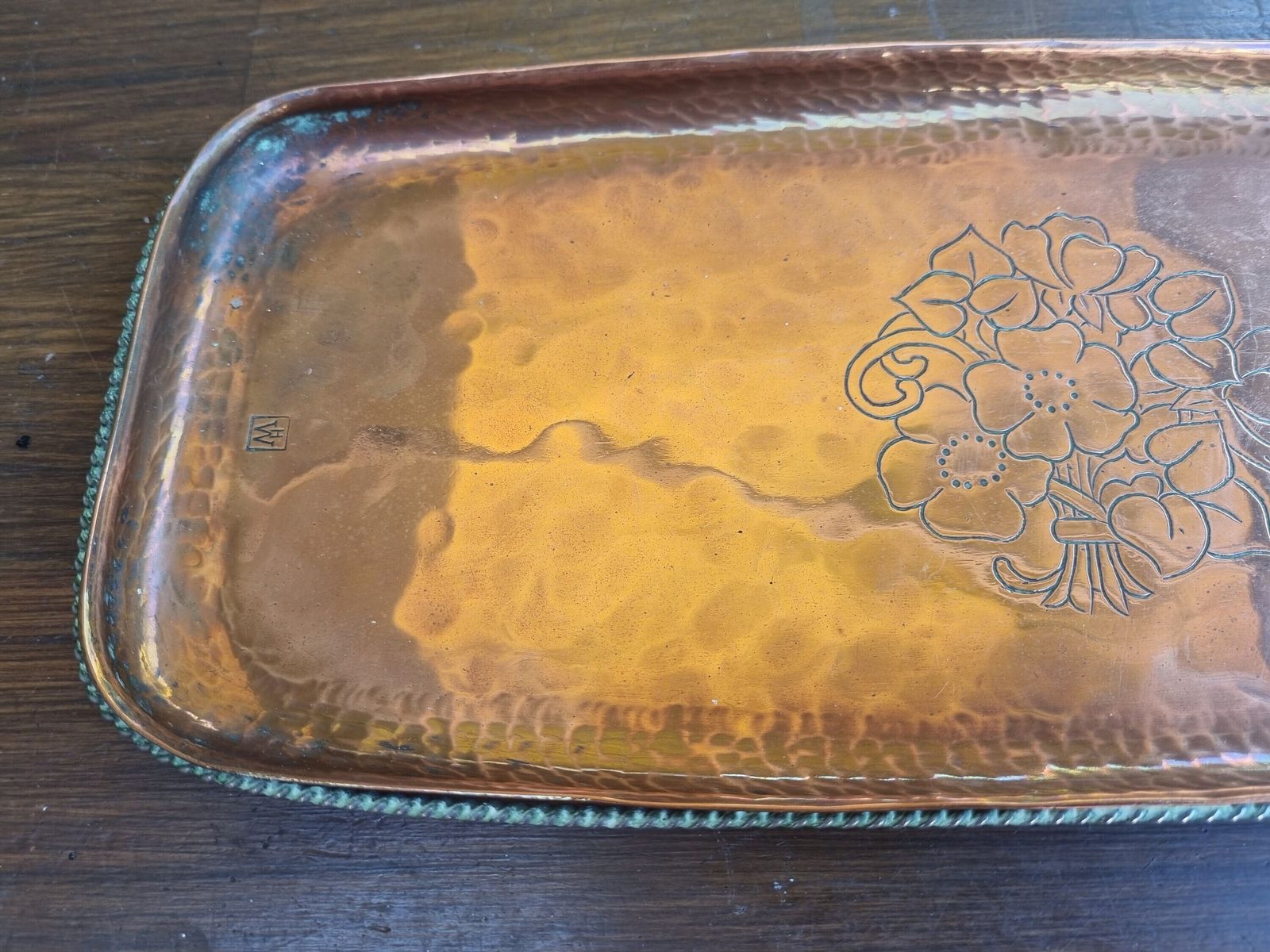 Vintage Hugh Wallis Copper Tray | Arts & Crafts Movement Hammered Metal Serving Platter | Floral Engraved British Handcrafted Design photo furniture