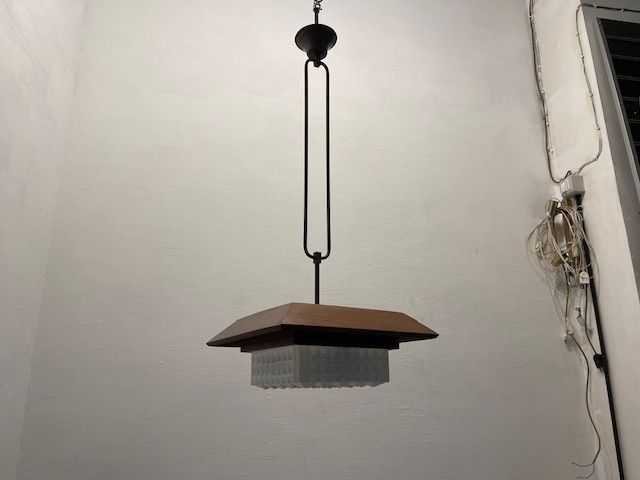 Mid Century Modern Wood, Bronze & Opaline Glass Pendant Light 1950’s photo buy