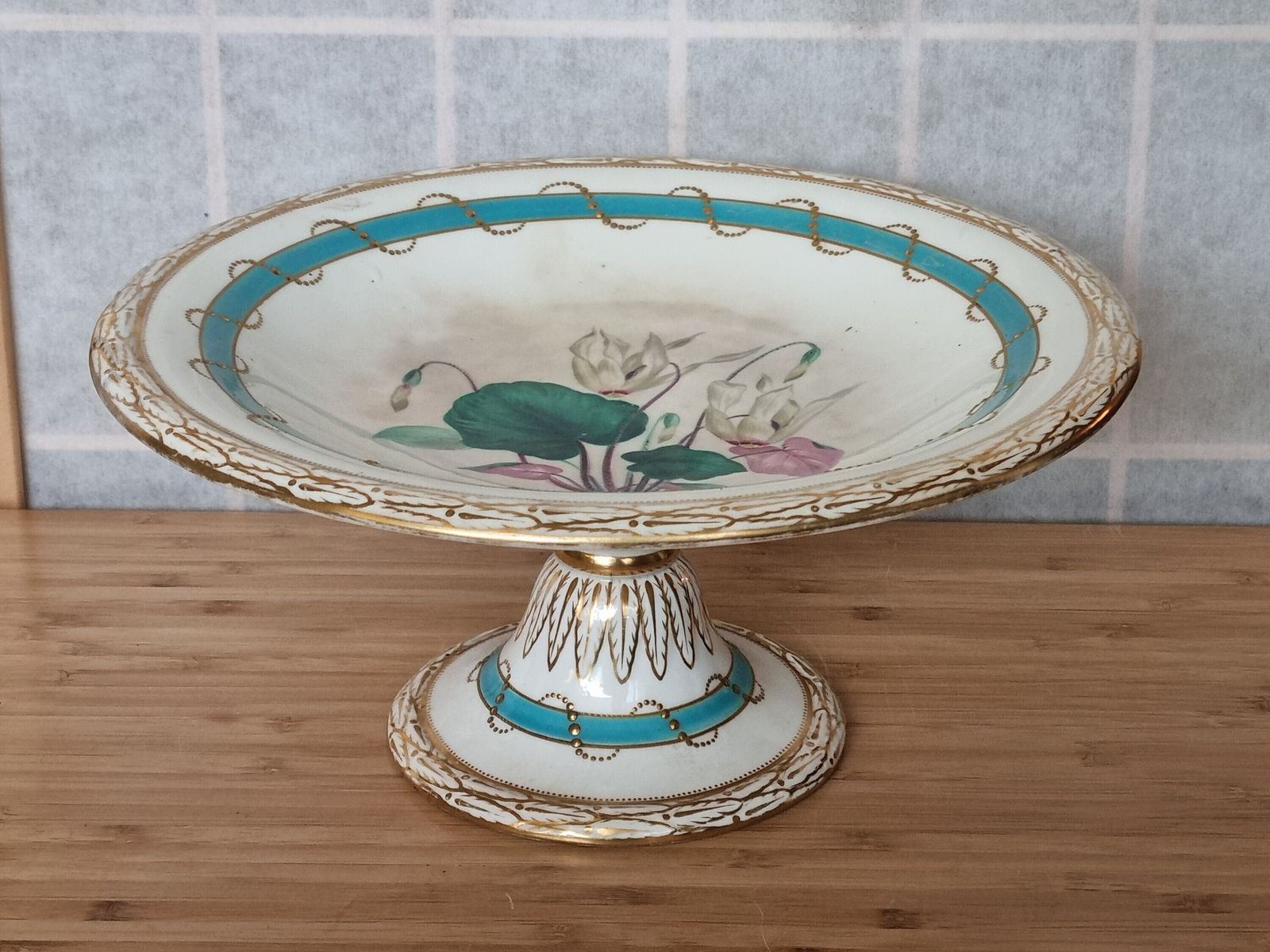 1800s English Porcelain Comport | Antique Moriage Pedestal Cake Stand | Turquoise Band Floral Cyclamen | Victorian Gilt Dessert Plate photo for sale