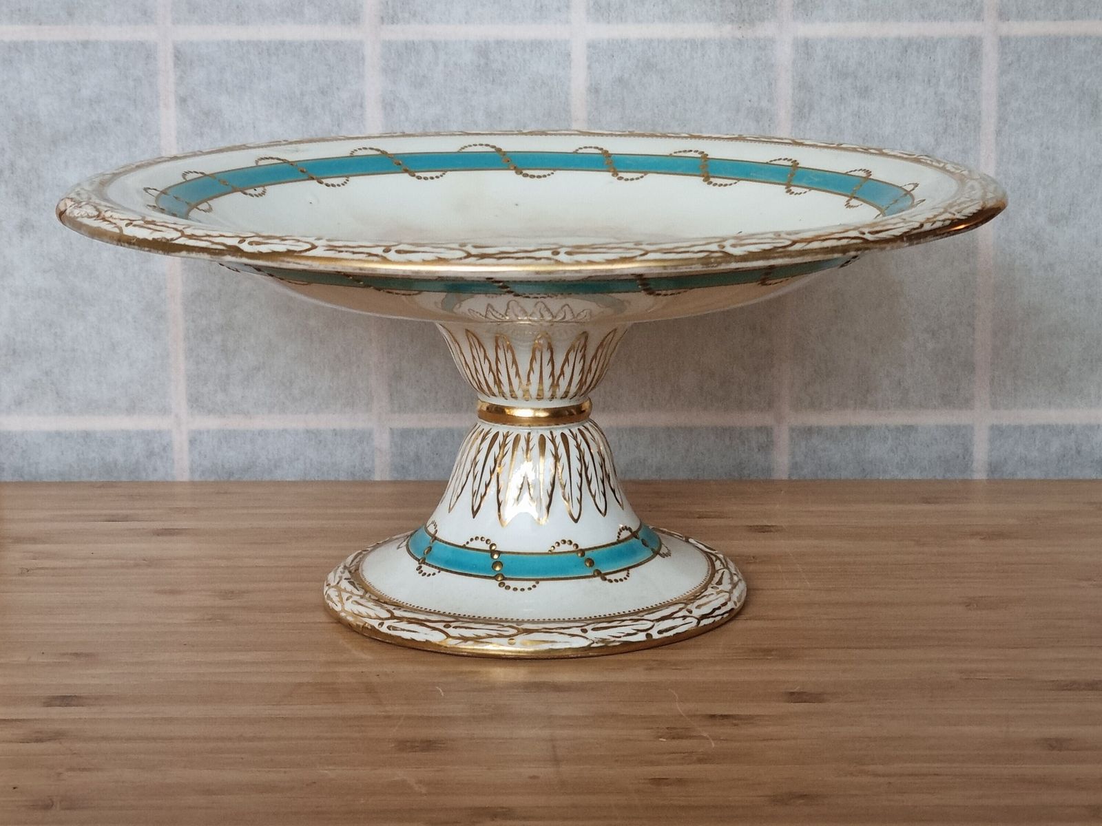 1800s English Porcelain Comport | Antique Moriage Pedestal Cake Stand | Turquoise Band Floral Cyclamen | Victorian Gilt Dessert Plate photo Home Decor
