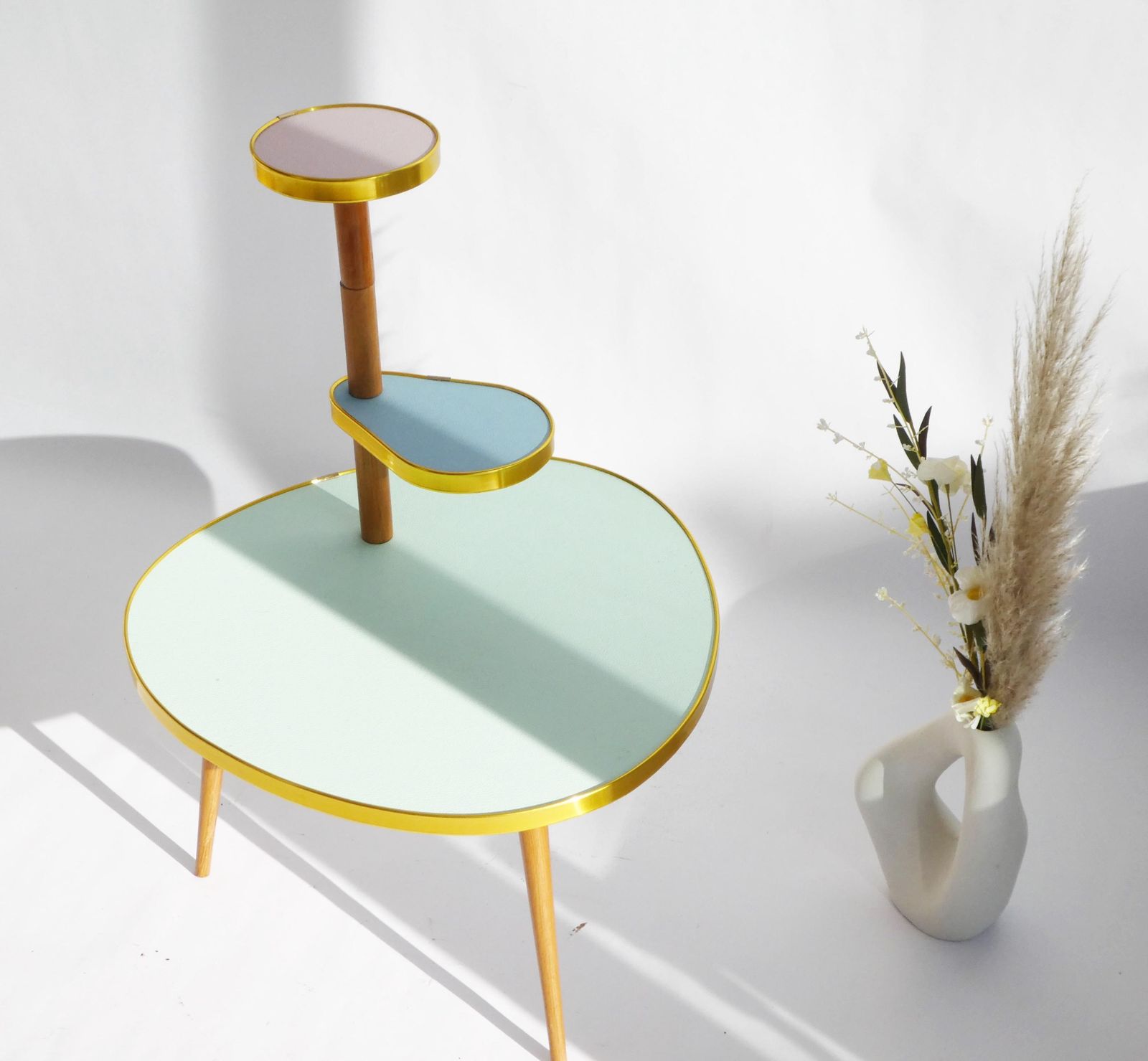 Small Retro Plant Stand With Colourful Tiers, Kidney Outdoor Wooden Plant Stand With Green, Pink, Yellow And White, Side Table