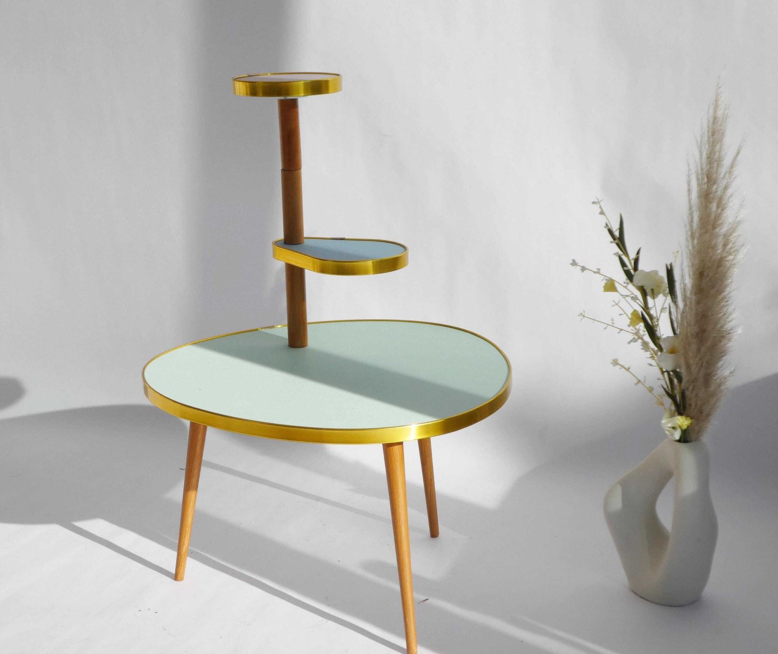 Small Retro Plant Stand With Colourful Tiers, Kidney Outdoor Wooden Plant Stand With Green, Pink, Yellow And White, Side Table photo furniture