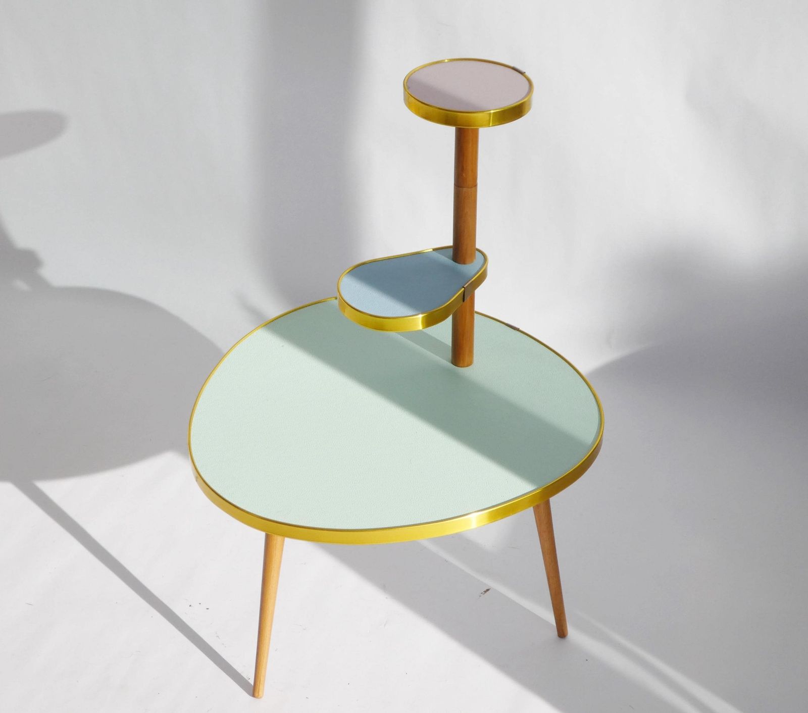 Small Retro Plant Stand With Colourful Tiers, Kidney Outdoor Wooden Plant Stand With Green, Pink, Yellow And White, Side Table photo Home Decor