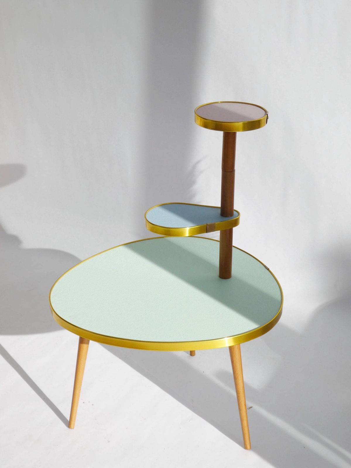 Small Retro Plant Stand With Colourful Tiers, Kidney Outdoor Wooden Plant Stand With Green, Pink, Yellow And White, Side Table photo buy