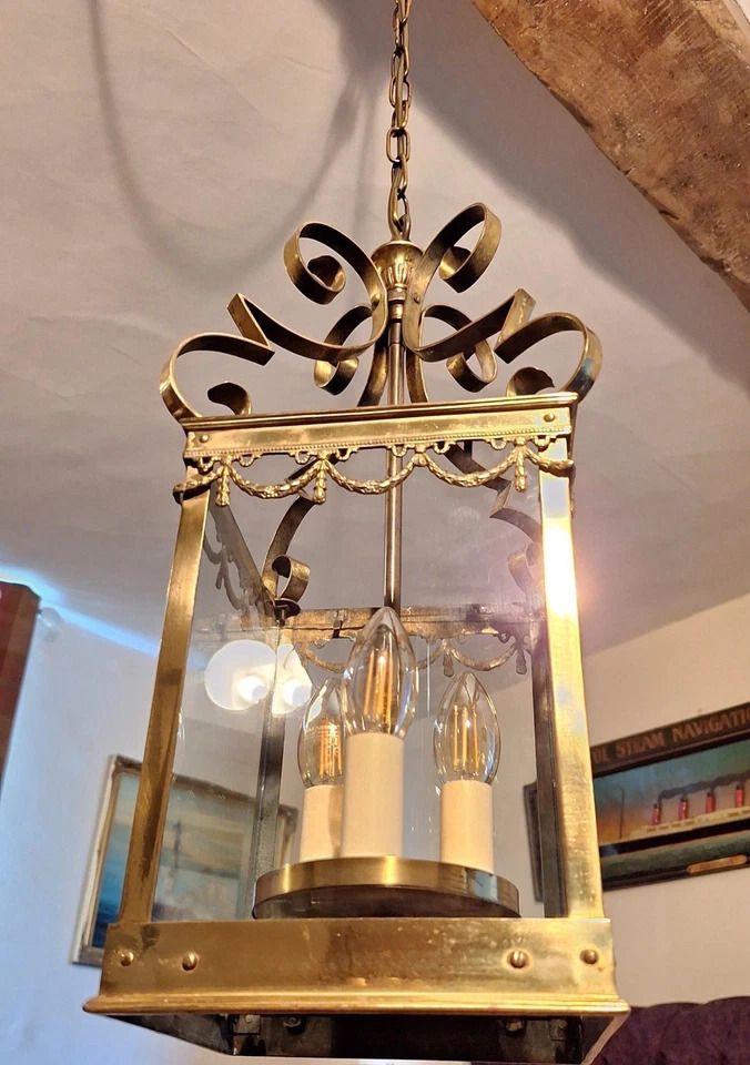 Beautiful Large French Square Brass & Glass Antique Hall Lantern/ Chandelier photo vinterior