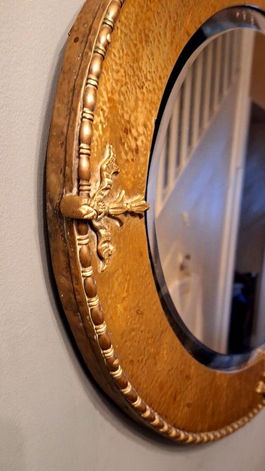 Stunning Rare Large Arts & Crafts Hammered Brass Oval Bevelled Edge Wall Mirror photo for sale