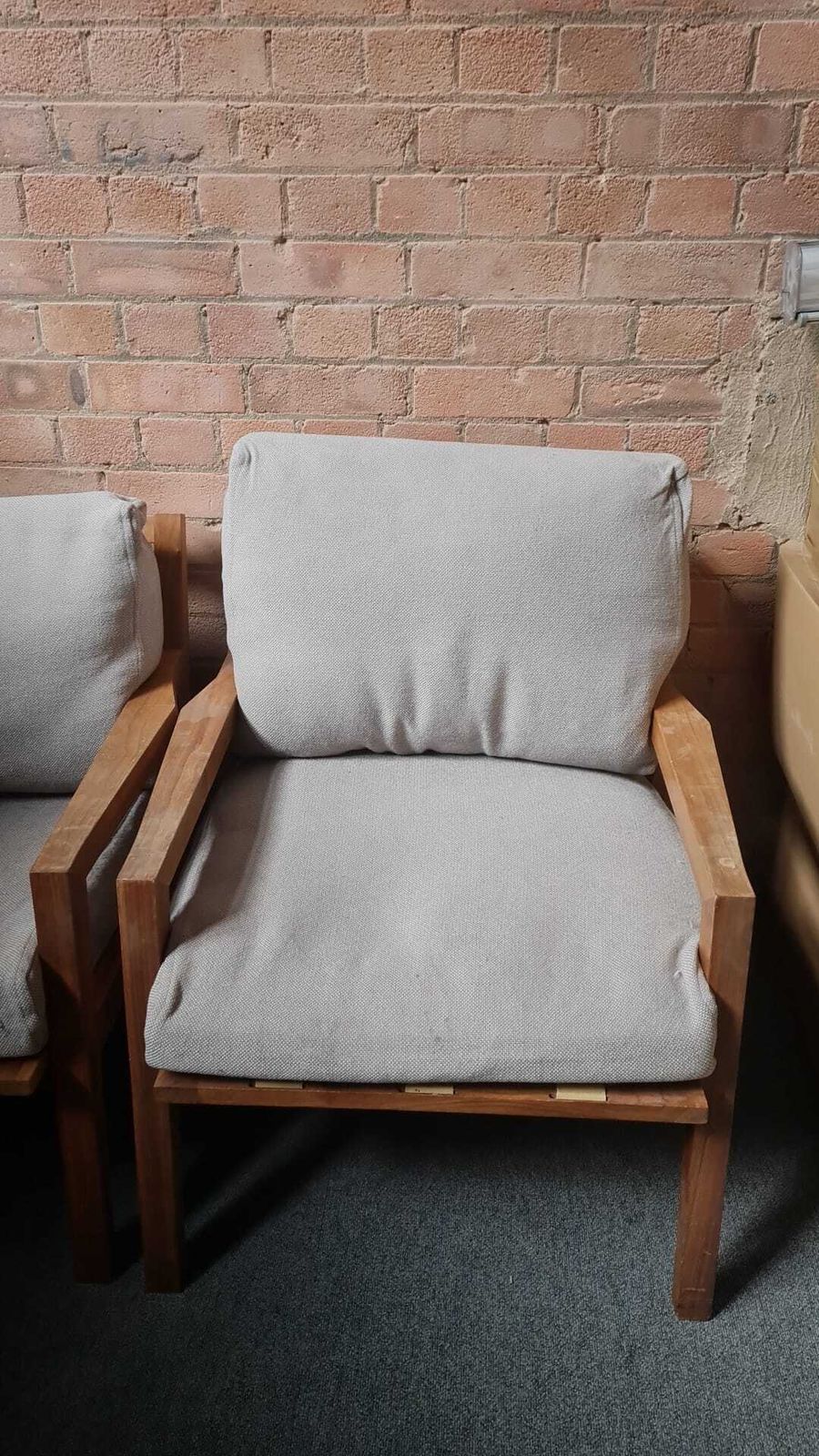 Pair Of Wooden Armchairs With Grey Cushions photo furniture
