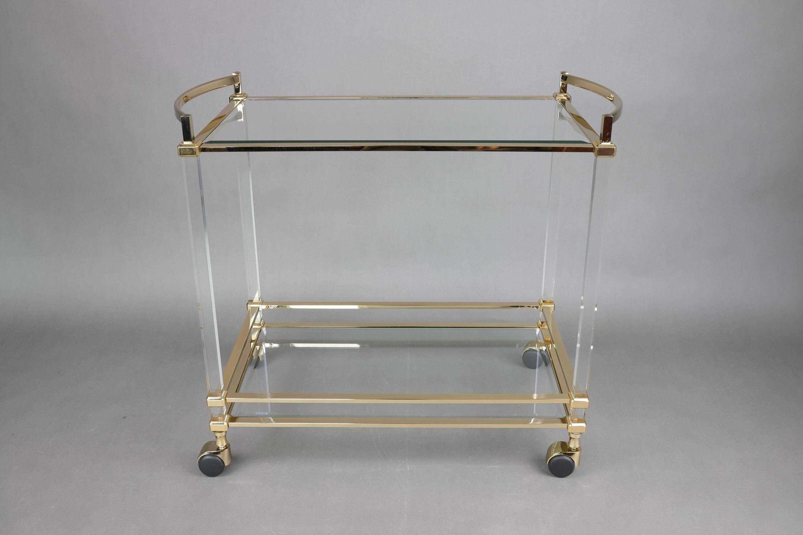 Lucite Bar Cart With Brass Frame | Vintage Hollywood Regency Drinks Trolley | 1970s Glass & Brass Serving Cart | Mid Century Modern photo furniture