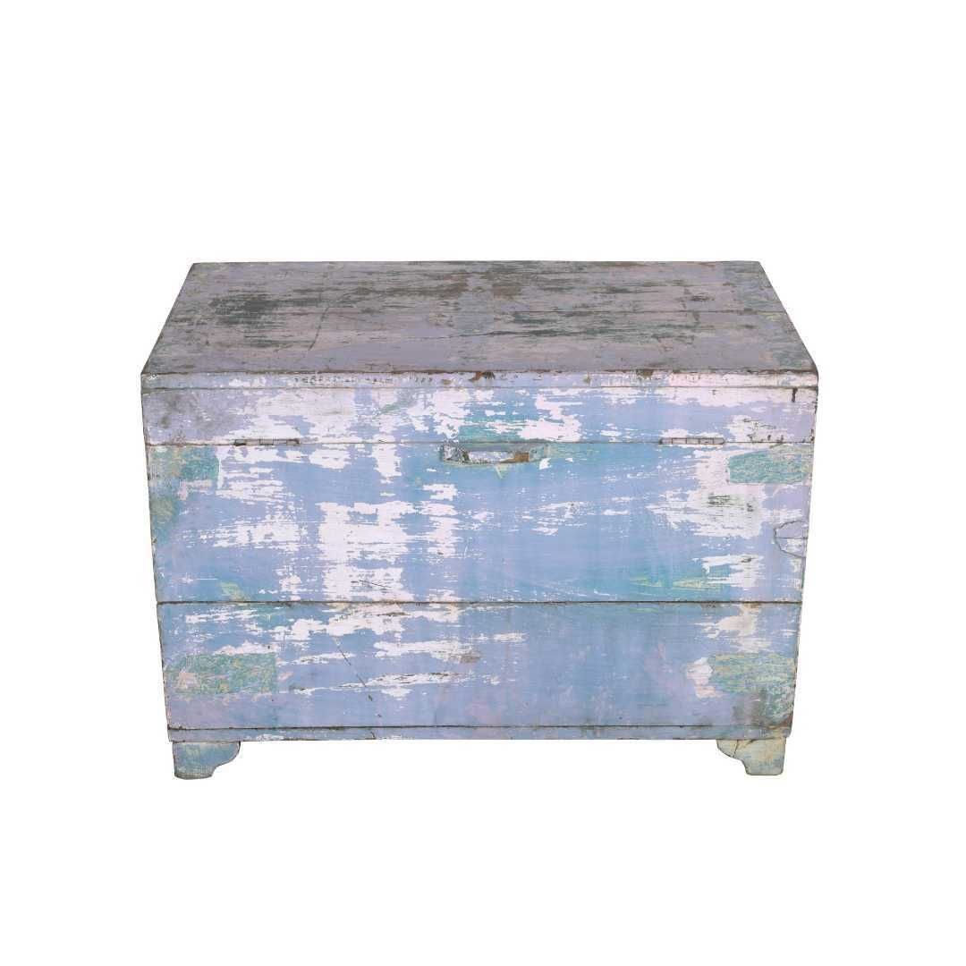 Antique Pastel Lilac & Blue Indian Dowry Chest – Vintage Teak Treasure Trunk Coffee Table – 19th Century Storage photo 329.0