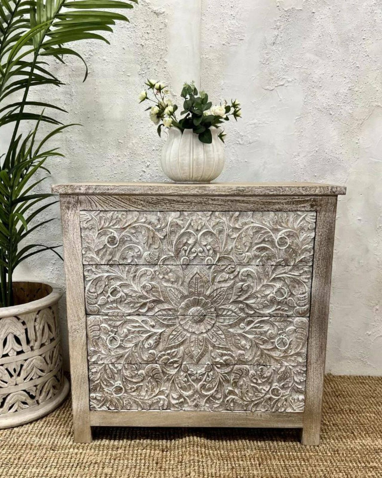 Hand Carved Mango Wood 4 Drawer Chest Of Drawers
