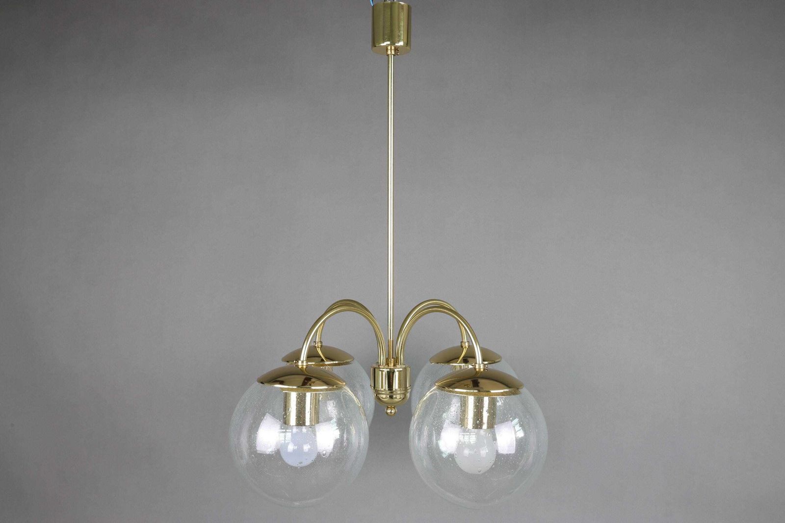 Kamenický šenov Bubble Glass Chandelier | Czech Brass Pendant Lamp | 4 Globe Mid Century Ceiling Light | Vintage Czech Lighting