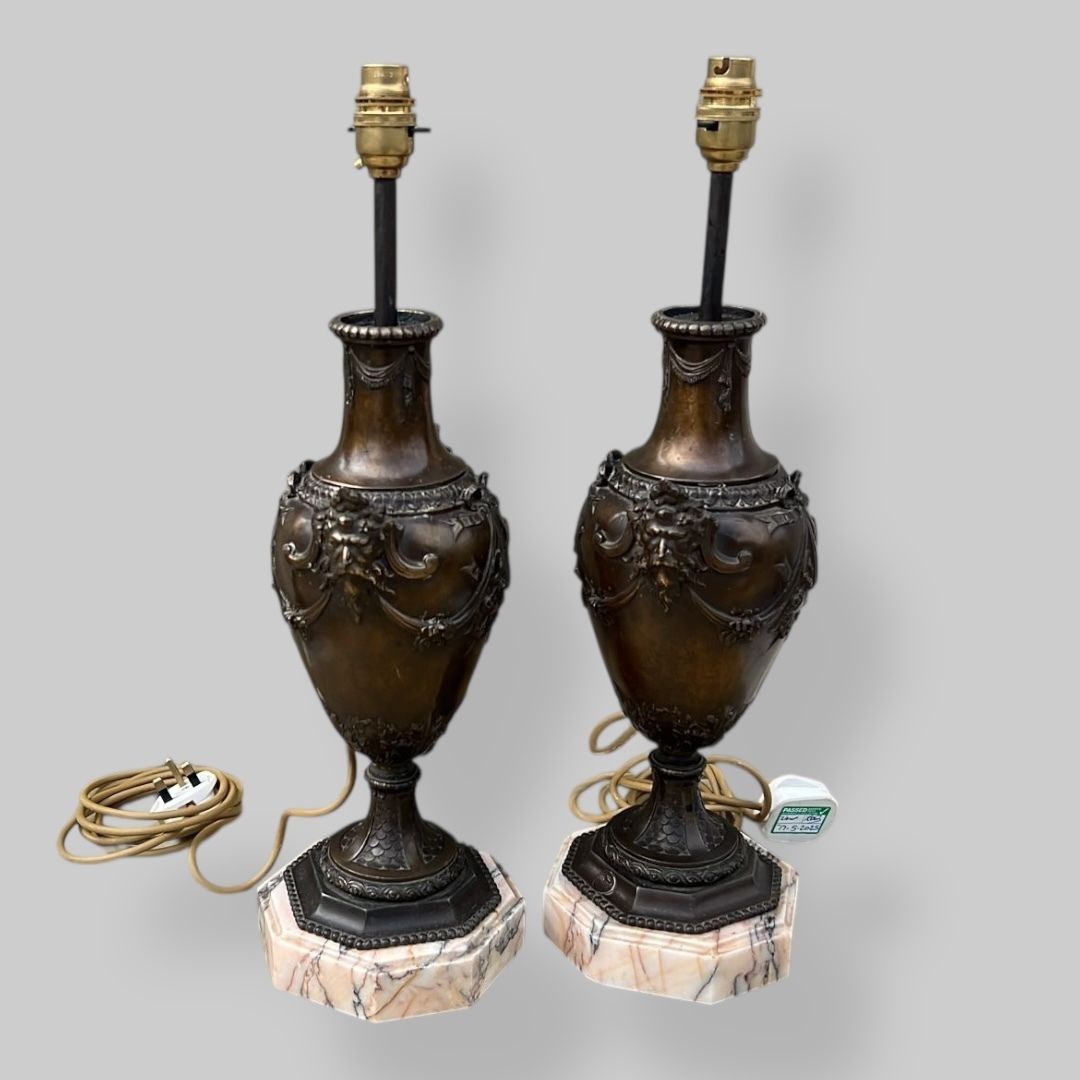 Early C20th Ornate French Bronze Lamps With Marble Bases photo for sale
