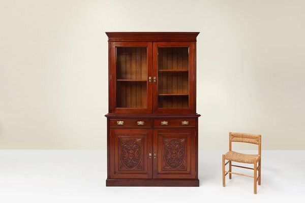 Art Nouveau Display Cabinet Or Bookcase In Oak With Carvings And Glass Doors, 1890s photo vinterior