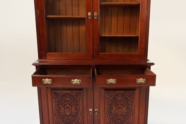 photo vintage Art Nouveau Display Cabinet Or Bookcase In Oak With Carvings And Glass Doors, 1890s