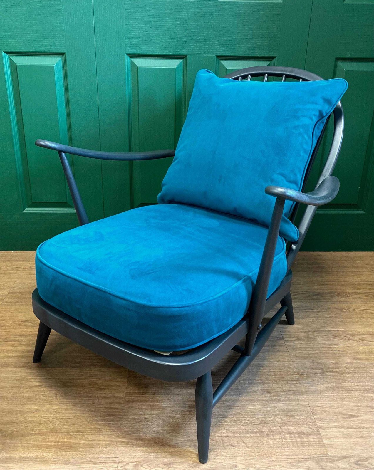 Refurbished Mid Century Vintage Ercol Windsor Armchair Grey Teal Blue Green Velvet 2 Of 2 photo furniture