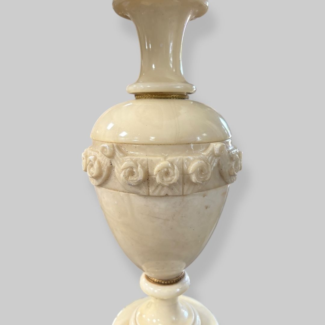 A Pair Of Alabaster Table Lamps With Carved Floral Details photo furniture