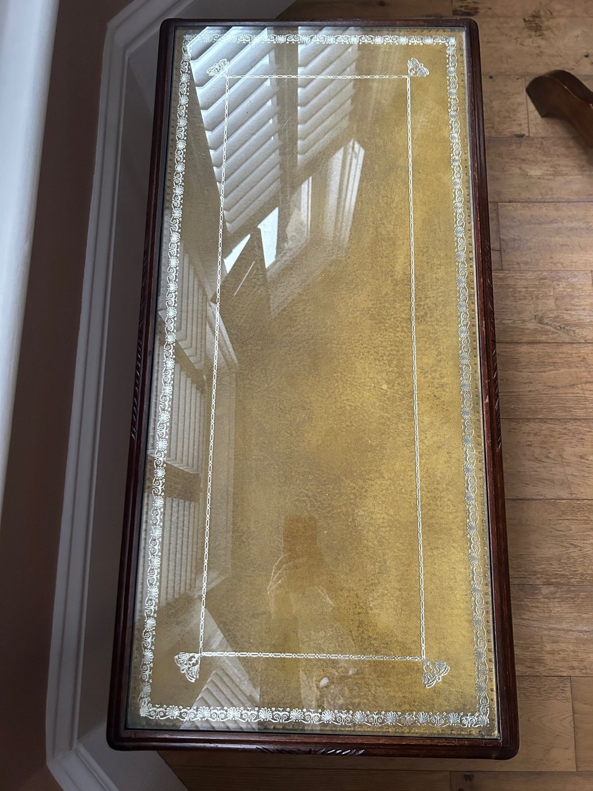 Beautiful Vintage Coffee Table With Queen Anne Carved Legs, Unusual Mustard Leather Inlay And Tempered Glass Top. photo furniture