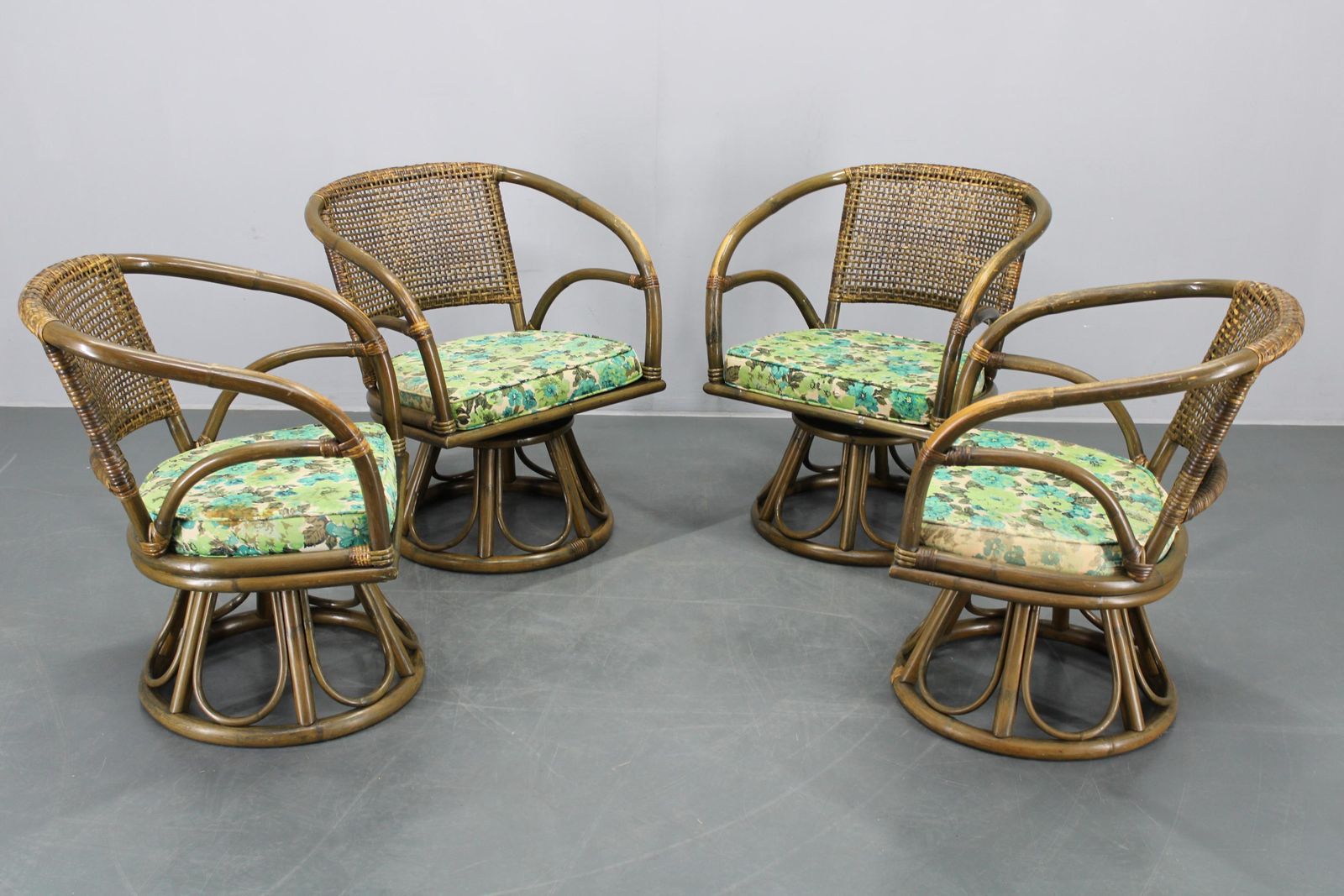 1980s Set Of Four Rattan Armchairs With Fabric Pillows photo for sale