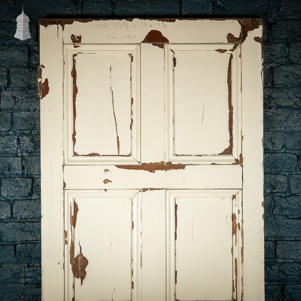 6 Panel Pitch Pine Door, Original Hardware, Distressed White Paint And Faux Woodgrain photo Home Fixtures