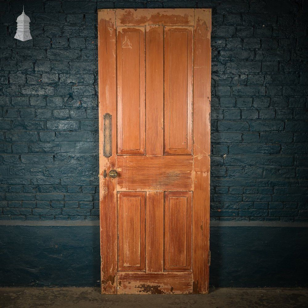 Four Panel Door, Moulded With A Worn Stained Finish.