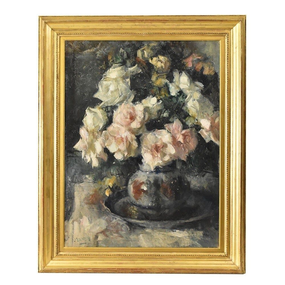 Art Deco Still Life Painting, Flowers Vase Painting, Roses, Oil On Canvas, Antique Painting, XX. (Qf614)