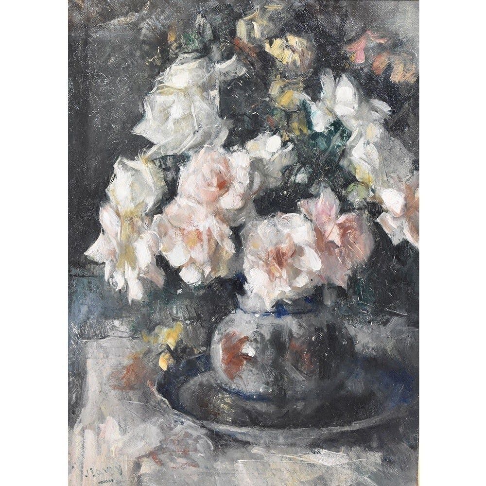 Art Deco Still Life Painting, Flowers Vase Painting, Roses, Oil On Canvas, Antique Painting, XX. (Qf614) photo furniture