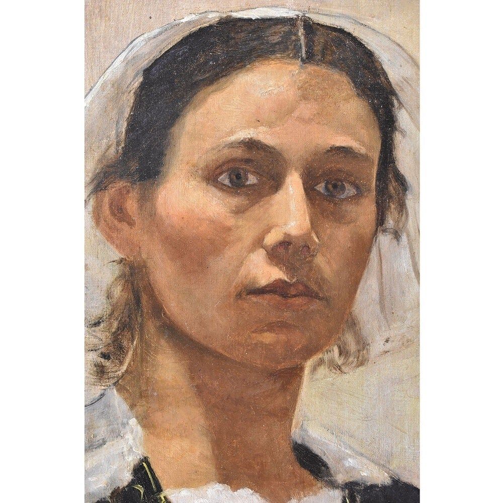 Antique Oil Portrait Painting, Young Breton Girl, Young Woman, Canvas, XIX Century. (Qr572) photo for sale