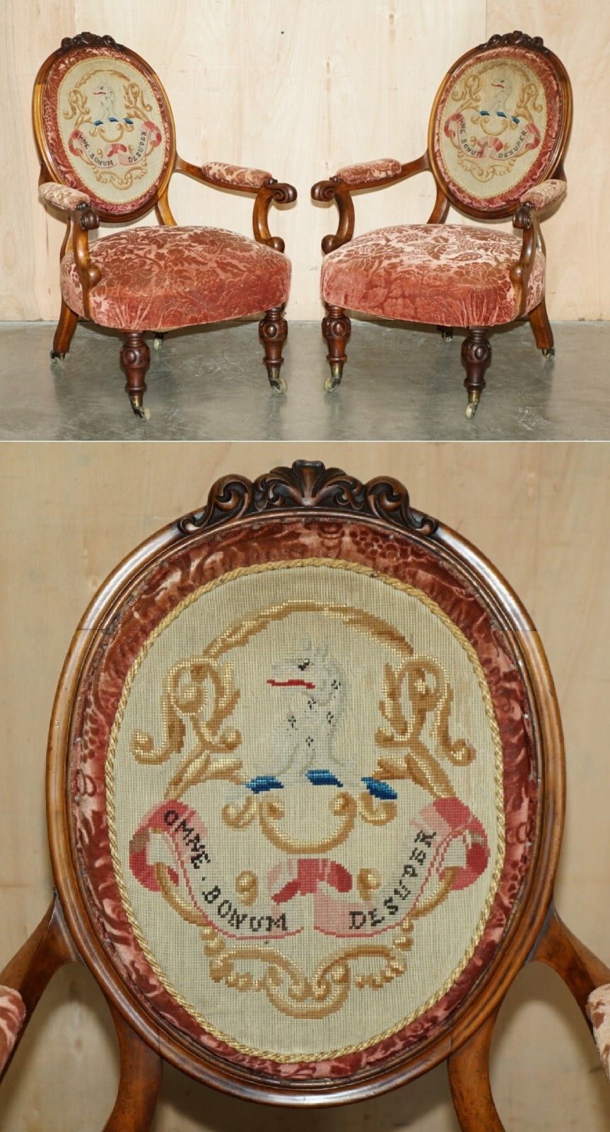 Antique Pair Of C Hindley &Amp; Sons Armorial Coat Of Arms Crests French Armchairs