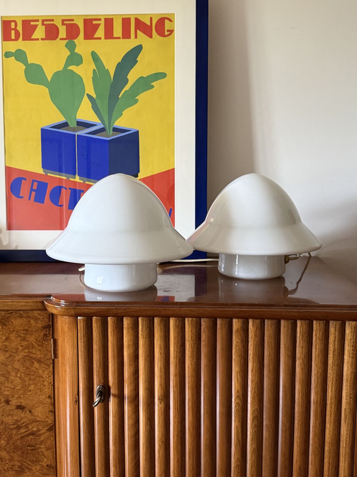 Space Age Set Of 2 Opaline Glass Table Lamps, Italy 1970s photo 700.0