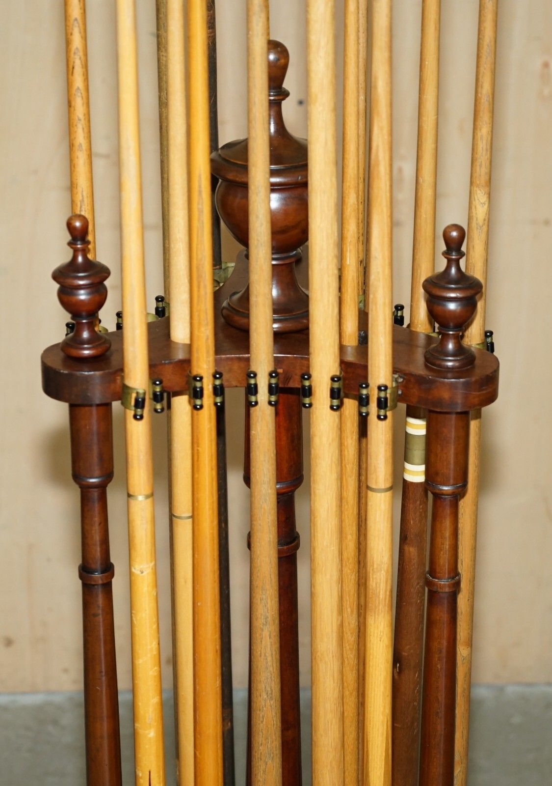 Antique 1880 Mahogany Revolving Snooker Cue Stand 18 Cues Sir William Bentley photo for sale