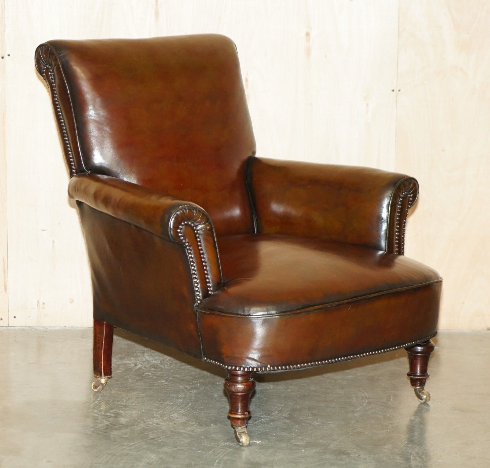 Fully Restored Antique Circa 1920'S Art Deco Deep Brown Leather Club Armchair