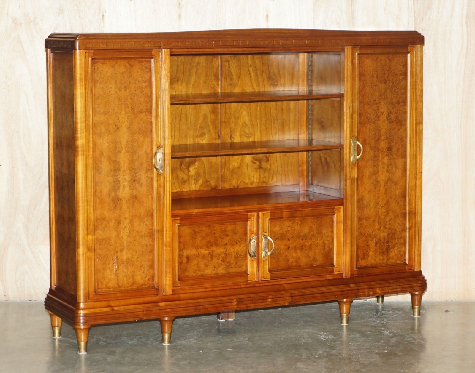 French Leon Jallot Art Nouveau Burr Walnut Bookcase Cabinet Cupboards Part Suite