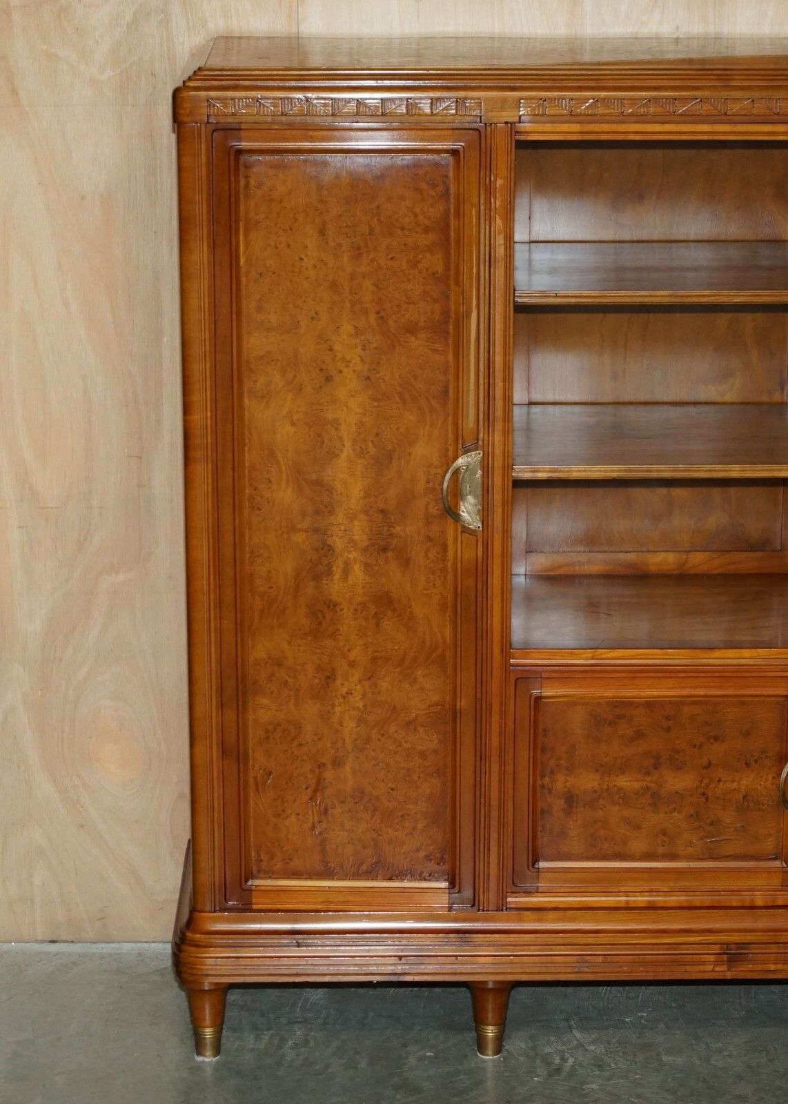French Leon Jallot Art Nouveau Burr Walnut Bookcase Cabinet Cupboards Part Suite photo for sale