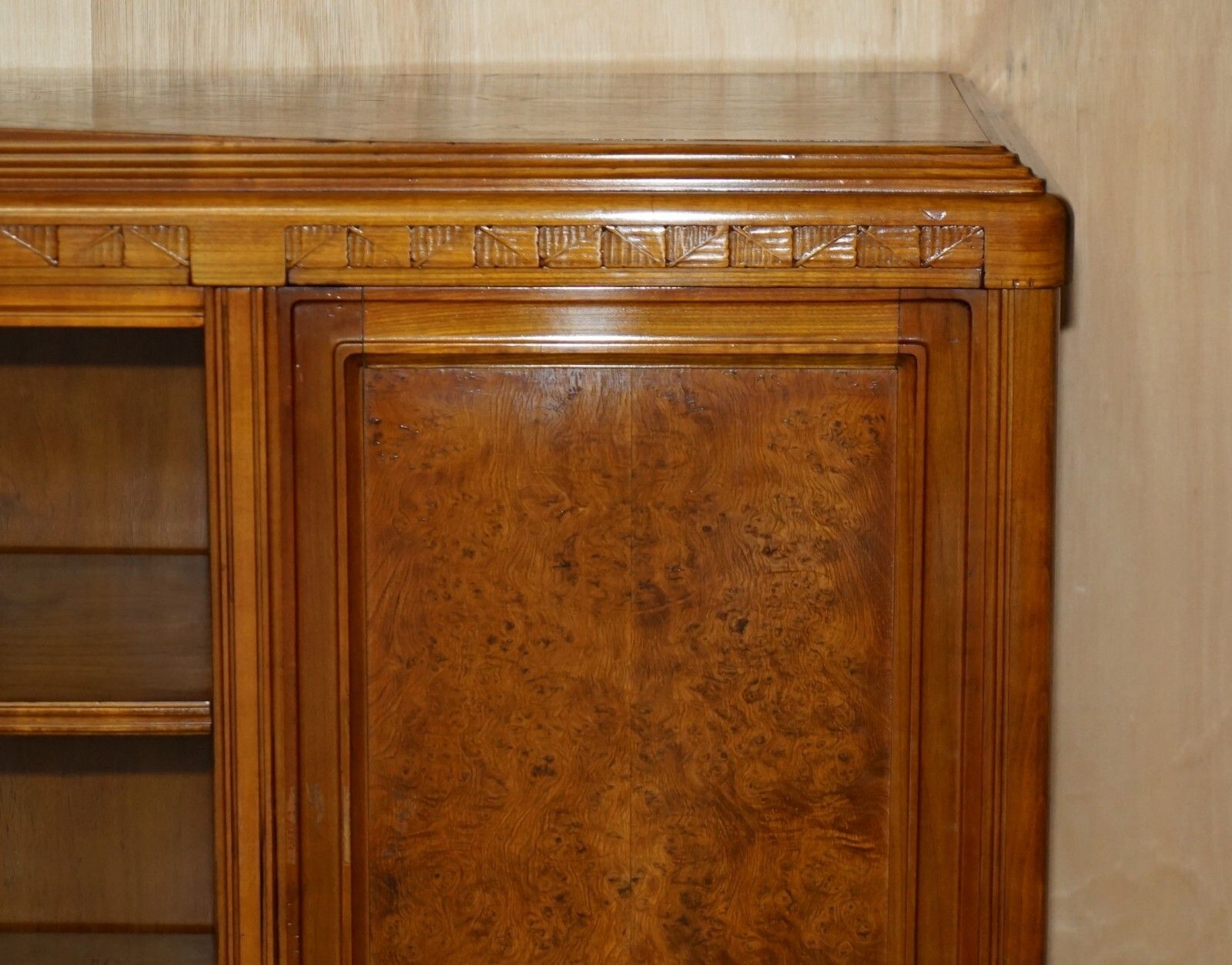 9950.0 French Leon Jallot Art Nouveau Burr Walnut Bookcase Cabinet Cupboards Part Suite photo