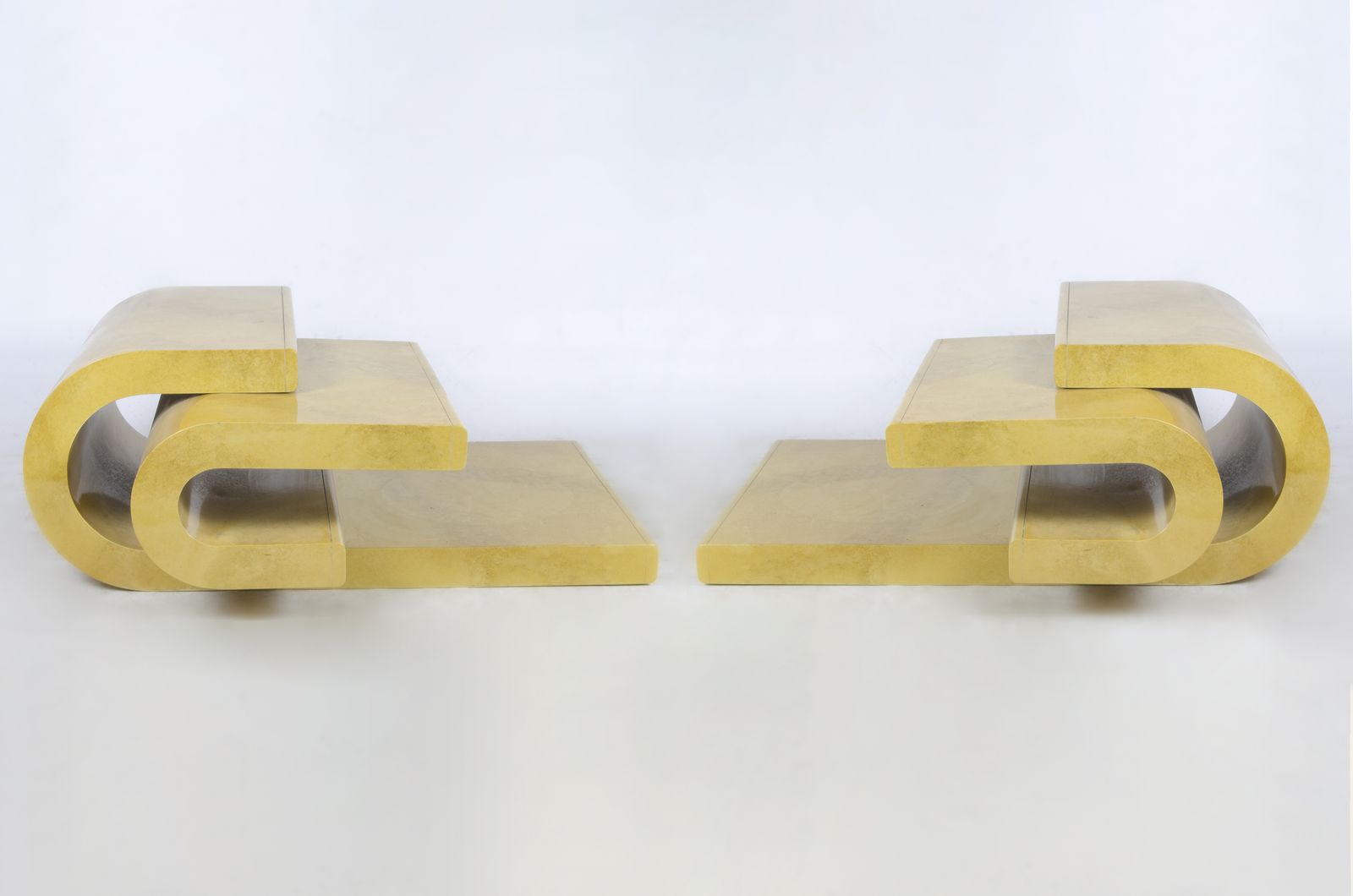 Pair Of Mid Century Modern Karl Springer Style Wood Sculptural Console Tables Covered In Faux Goatskin, United States