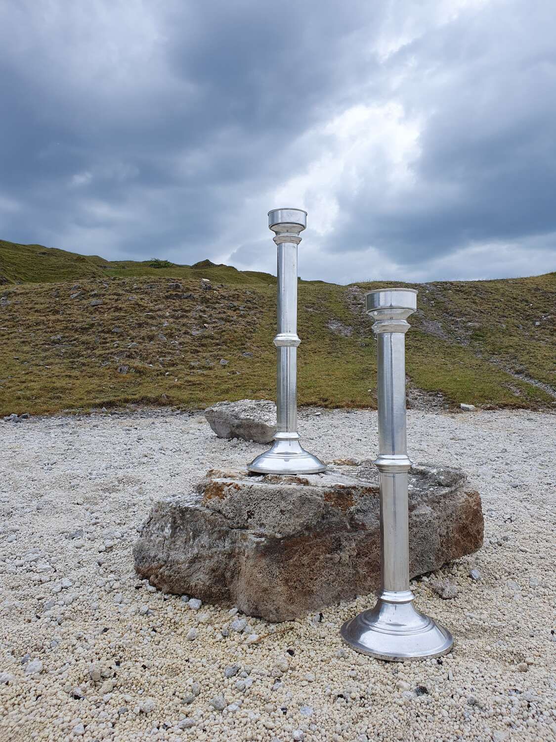 A Large Pair Of Contemporary Cast Aluminium Altar Candlesticks