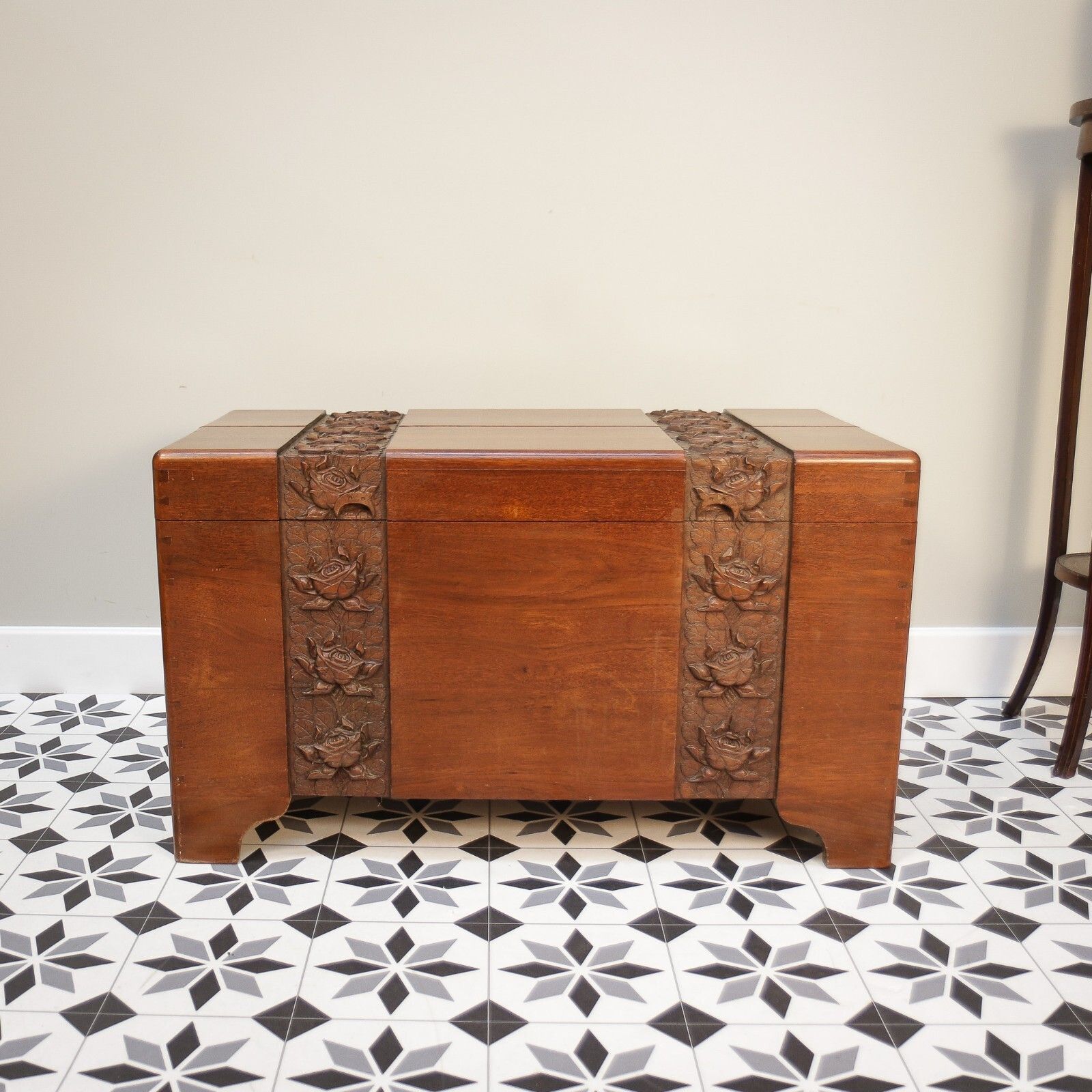 Camphor Wood Chest Oriental Carved Linen Trunk