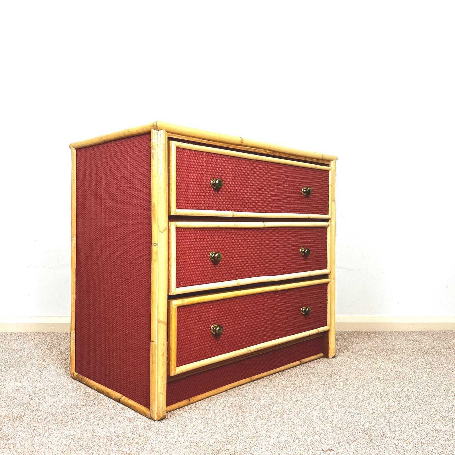 Vintage Bamboo Rattan Chest Of 3 Drawers